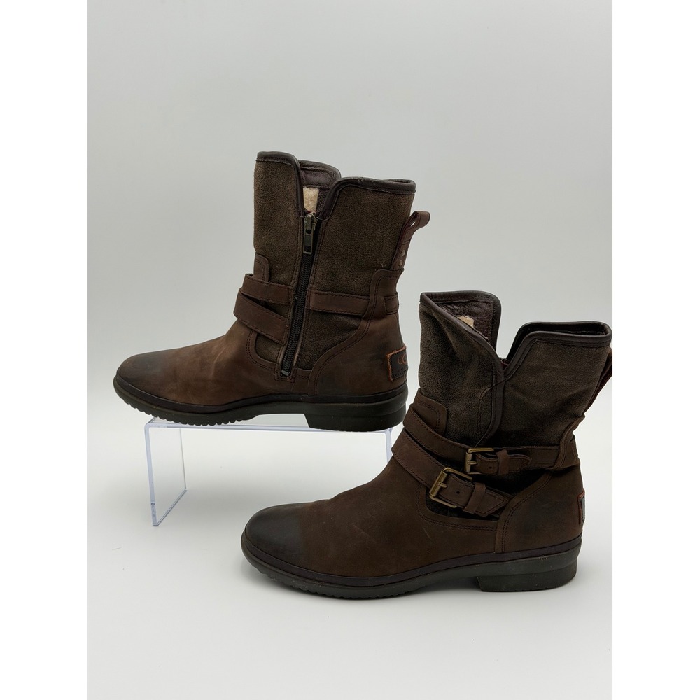 UGG Simmens Womens 8.5 Brown Waterproof Leather Suede Buckle Moto Boots 1008439